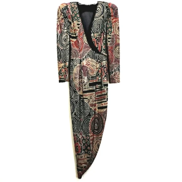 Vintage Cache Metalic Asymmetrical Illusion Plunge Neck Metalic Beaded Maxidress - Picture 16 of 16